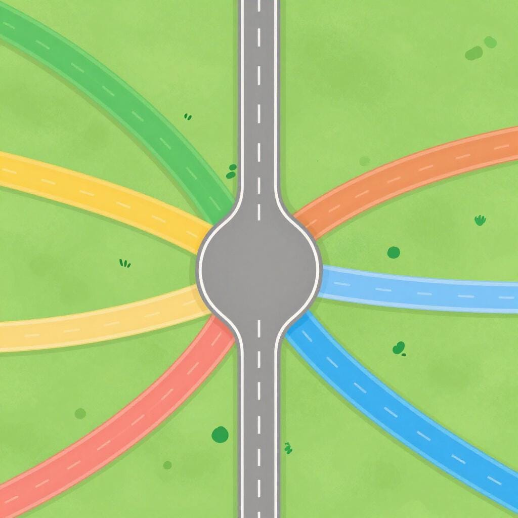 Diversi sentieri colorati da direzioni diverse che si uniscono per formare un'unica strada larga.