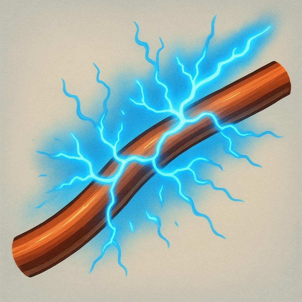 A curved copper wire glowing slightly as bright blue electrical energy travels visibly along its length.