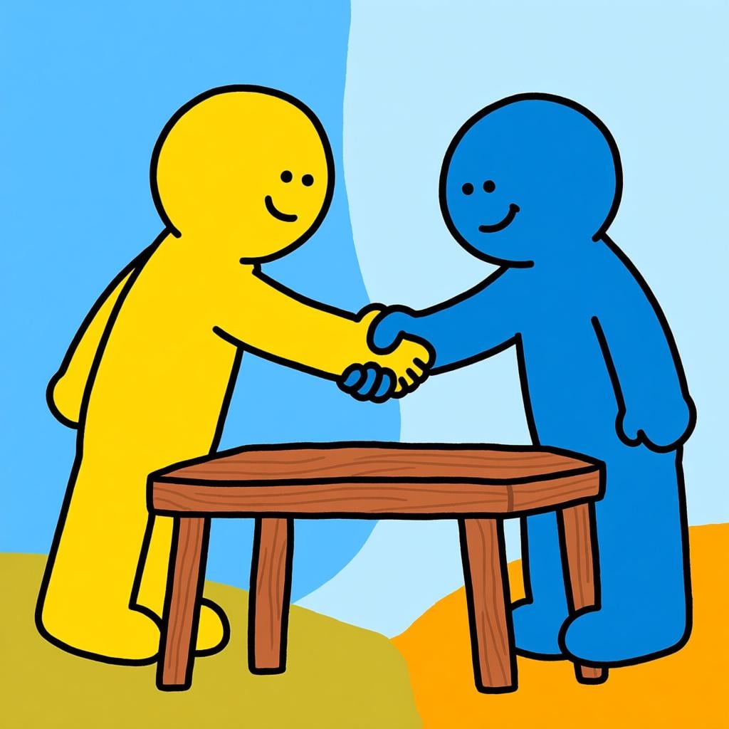 Two figures shaking hands firmly over a small table, symbolizing a sealed agreement or deal.