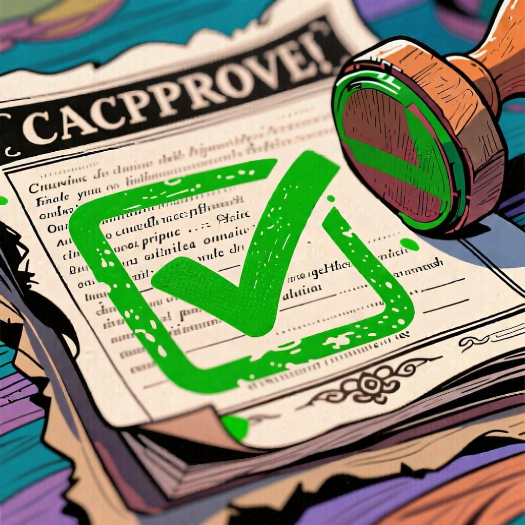 A large, distinct green check mark symbol drawn firmly across an official document.