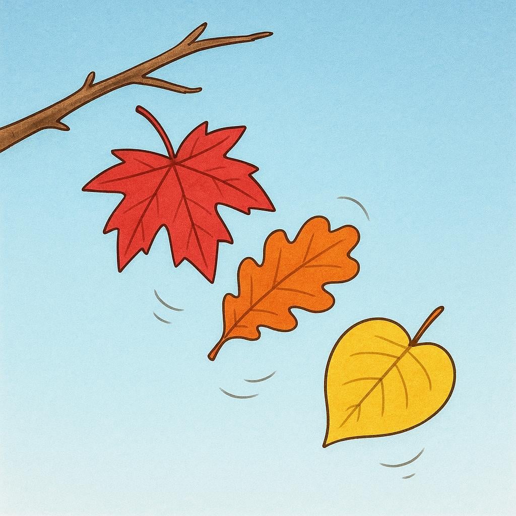A storybook illustration showing three brightly colored leaves in shades of red, orange, and yellow gently falling from a tree branch, symbolizing the season of autumn.