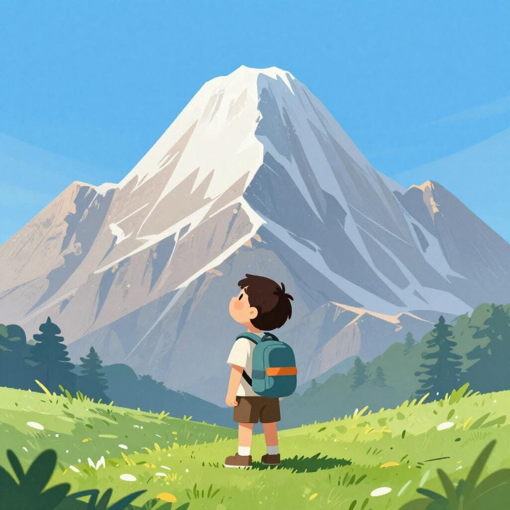 Un piccolo escursionista coraggioso in piedi alla base di una montagna grande e maestosa, che guarda in alto con determinazione.
