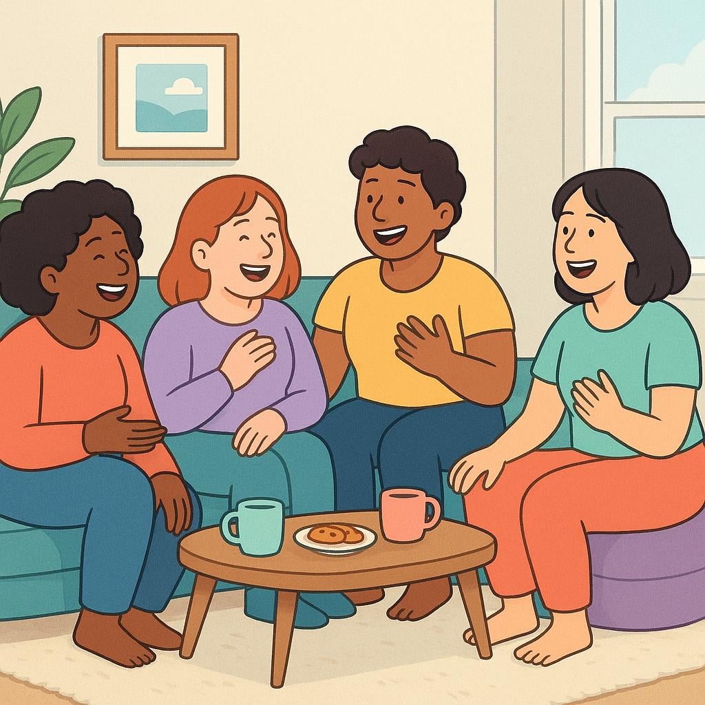A group of friends laughing and talking together in a cozy living room.