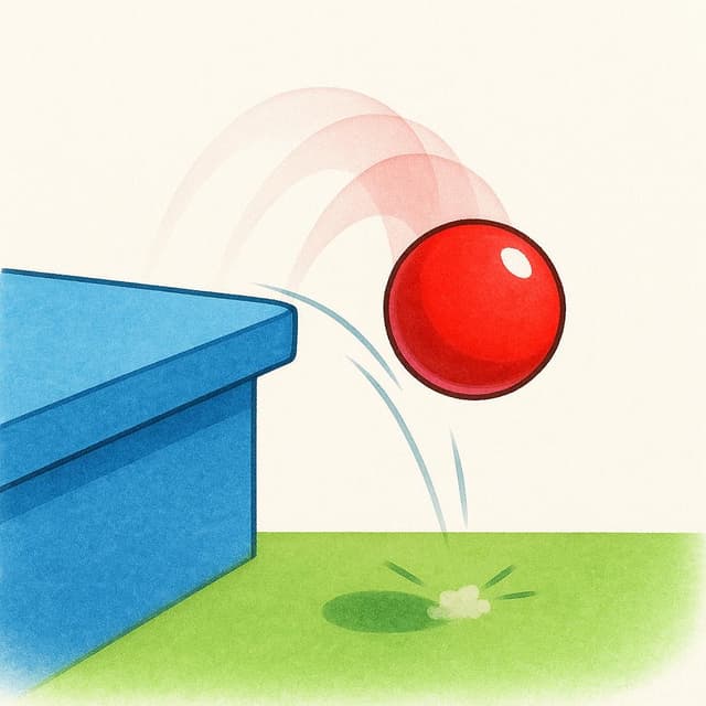 Une petite balle rouge est représentée en l'air, venant de rouler d'une surface bleue sur une surface verte en dessous, illustrant le mouvement.