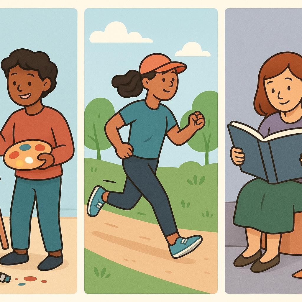A visual representation showing three distinct panels of different activities: a person painting on an easel, a person jogging outdoors, and a person reading a large book.
