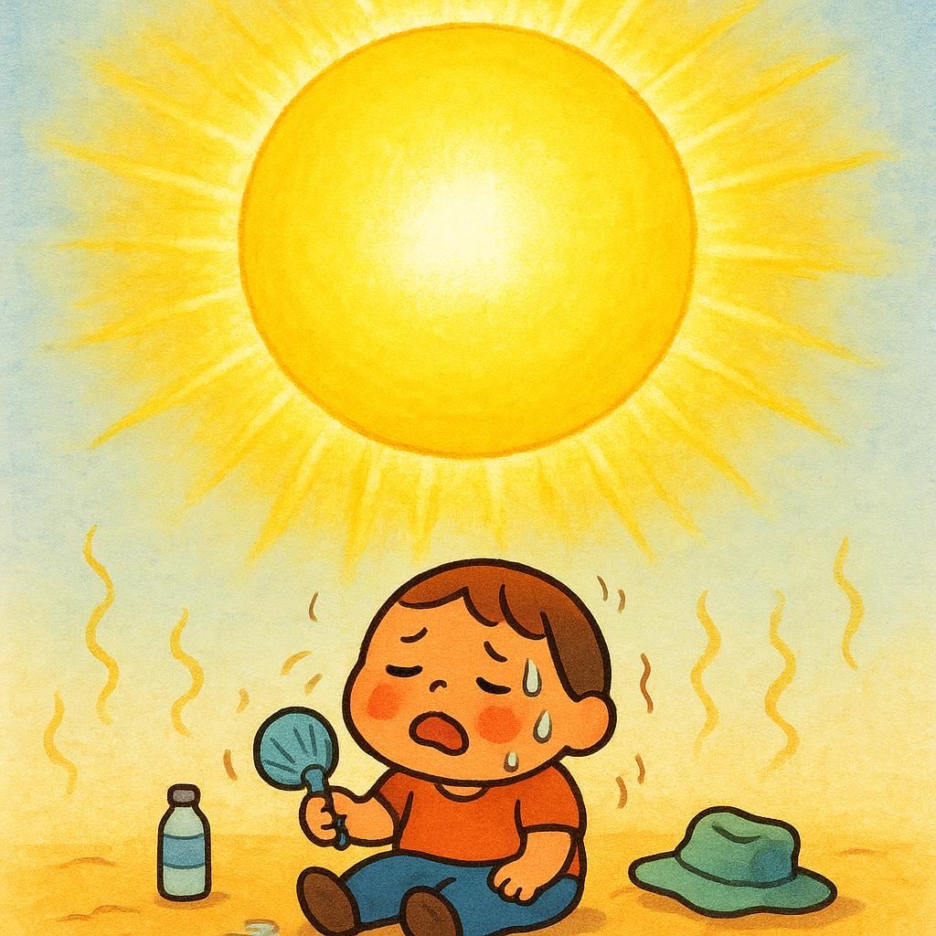 A character is visibly struggling and sweating profusely under an enormous, blazing yellow sun, depicting unbearable heat.