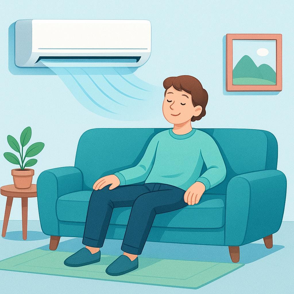 A person sitting comfortably in a cozy room while a simple wall-mounted air conditioning unit blows a gentle breeze.