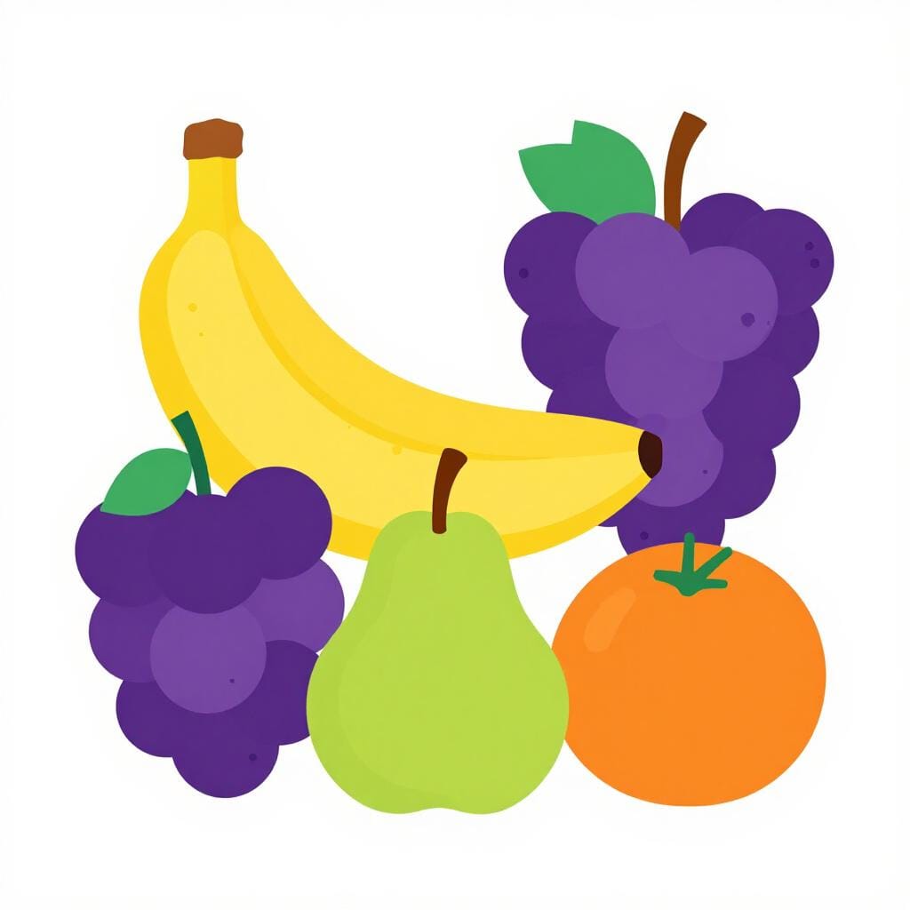 Uma coleção de várias frutas, incluindo uma banana, um cacho de uvas, uma pera e uma laranja.