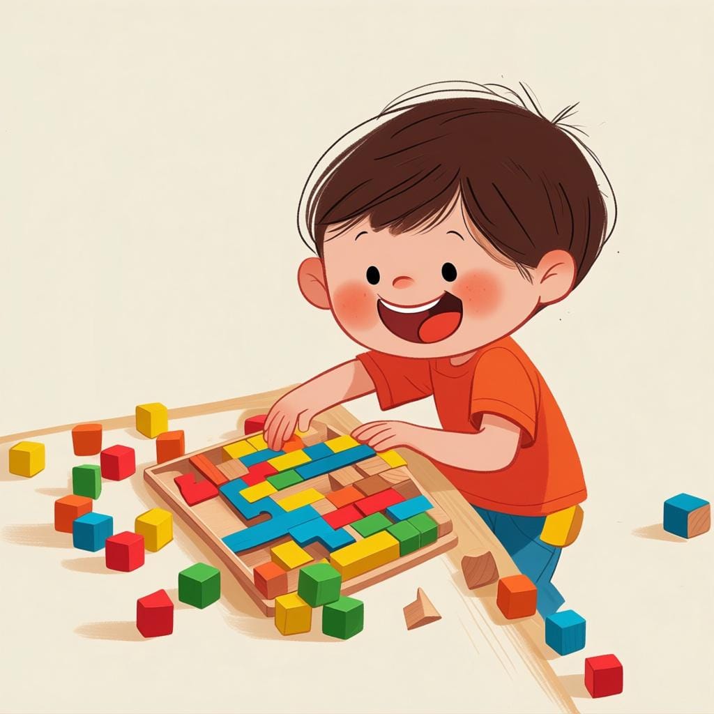A cheerful child quickly and energetically completing a colorful wooden block puzzle, showing quick understanding.