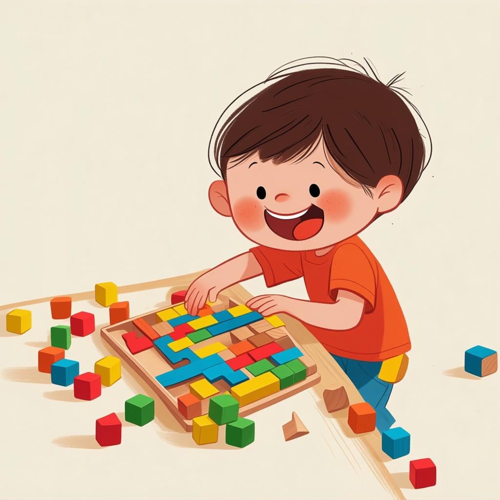 A cheerful child quickly and energetically completing a colorful wooden block puzzle, showing quick understanding.
