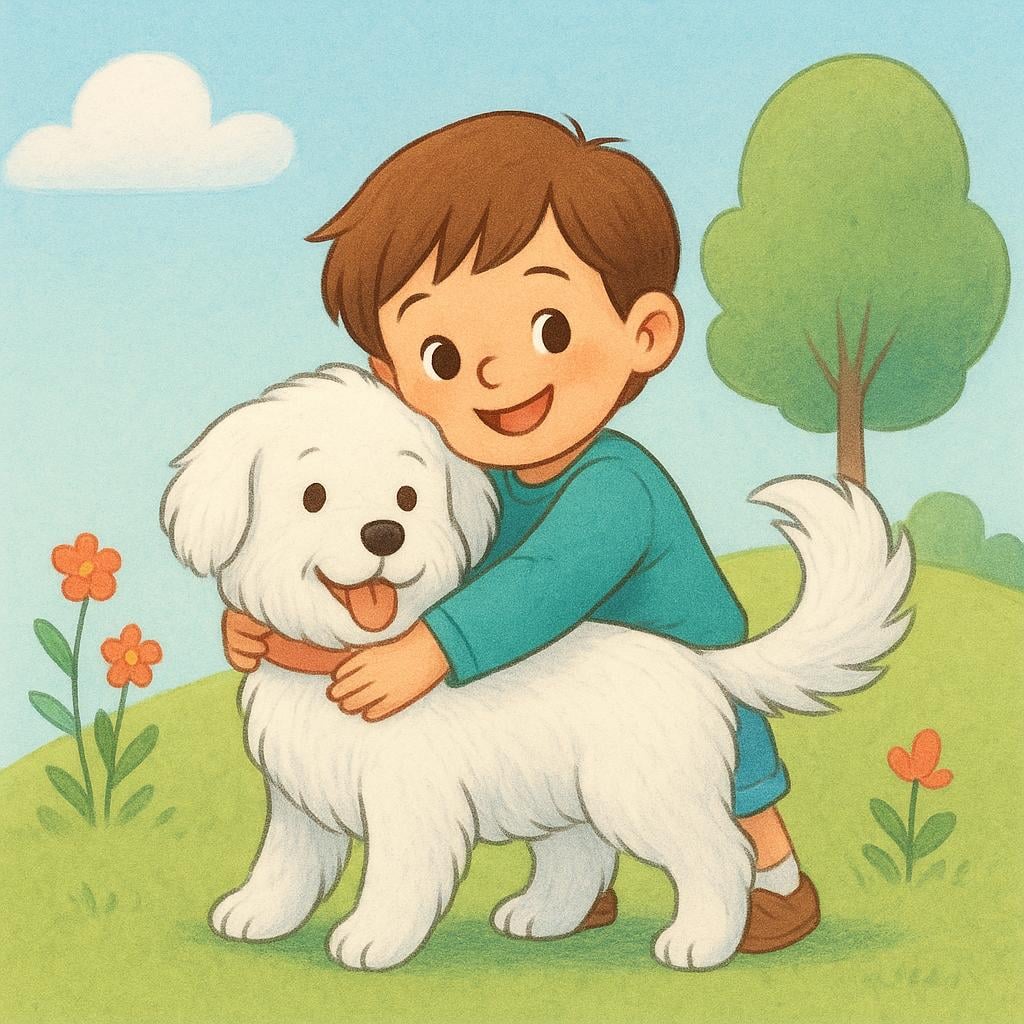 A small child gently hugging a fluffy white dog, showing mutual affection and love.