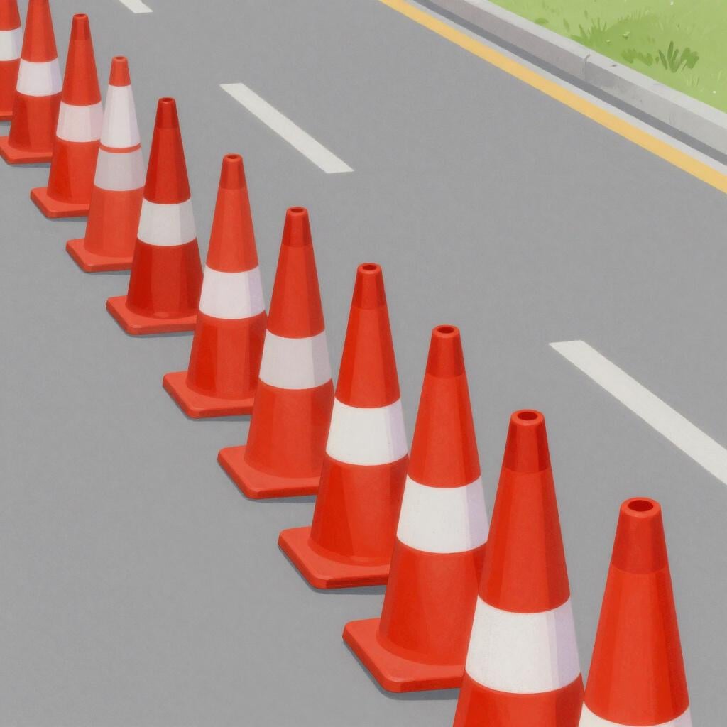 Une rangée de cônes de signalisation rouge vif alignés sur une surface grise.