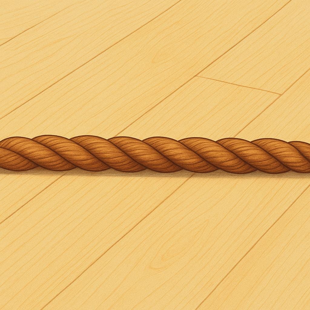 A length of thick, brown rope lying on a wooden surface. The rope is completely untied and straight, showing its loose, unfastened state.