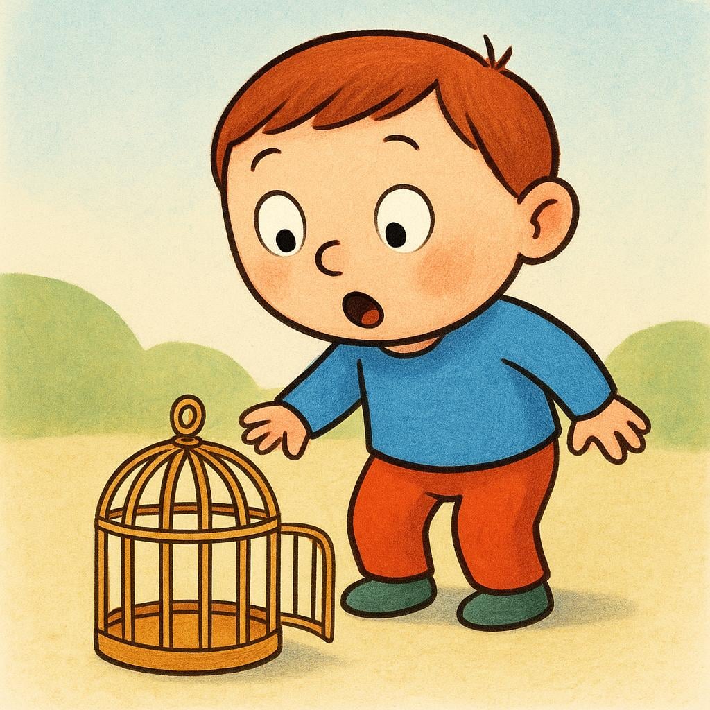 A startled character looking disappointed at an empty birdcage, realizing they were tricked into believing there was a bird inside.