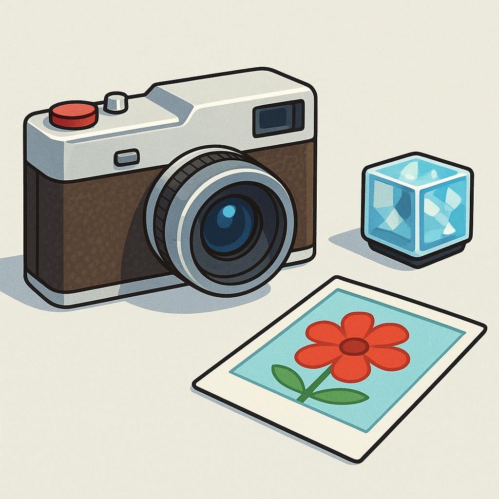 A simple drawing of an old-fashioned camera resting on a table next to a square, printed photograph showing a bright flower.