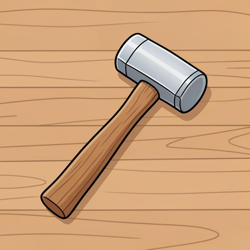 A shiny silver hammer laying on a clean wooden surface.