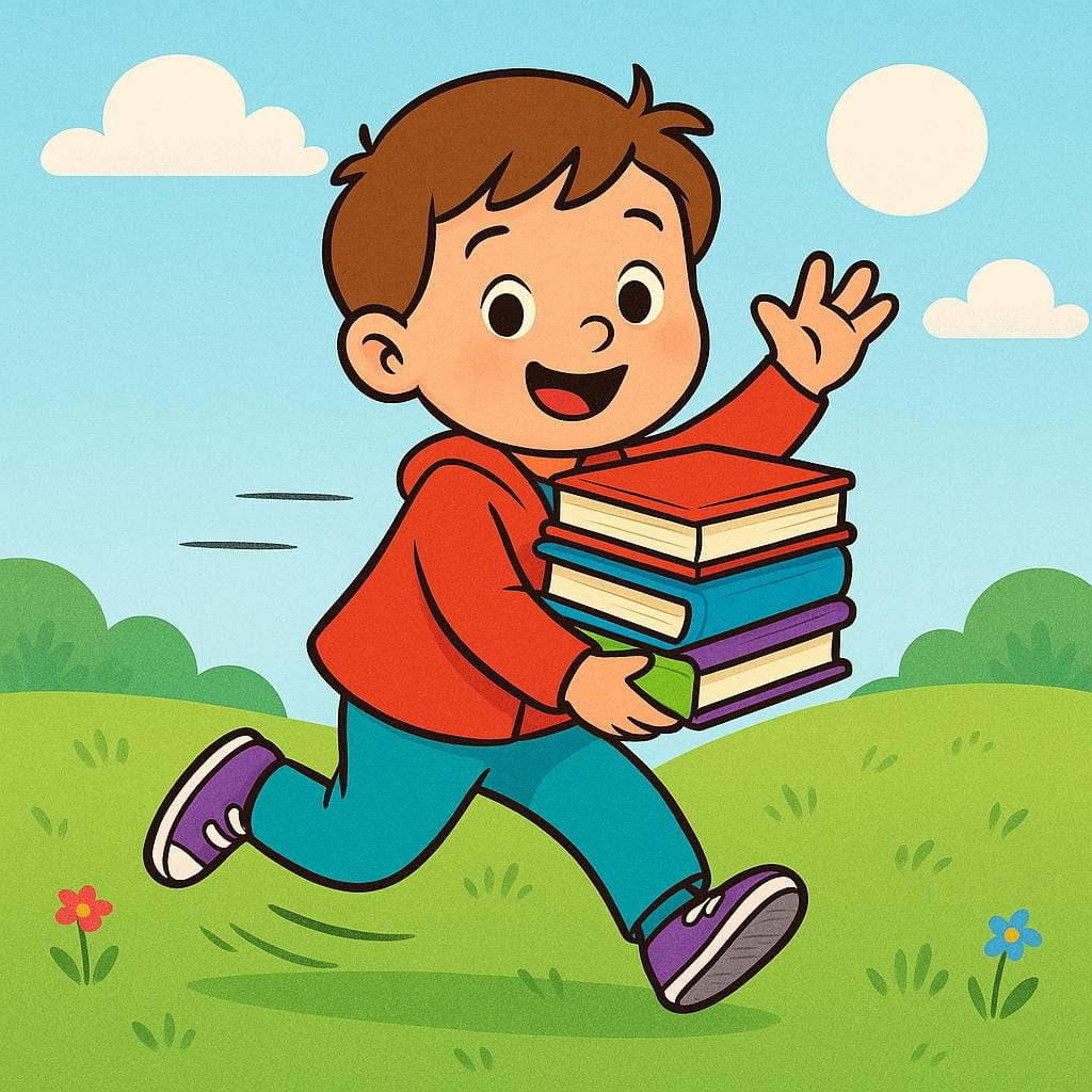 A drawing of a busy child running quickly while holding books and smiling, illustrating a lively and engaged person.