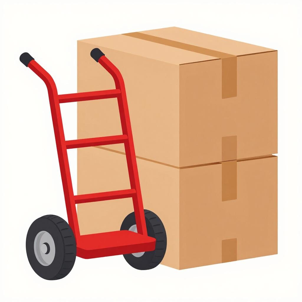 A red hand truck standing upright next to a cardboard box.