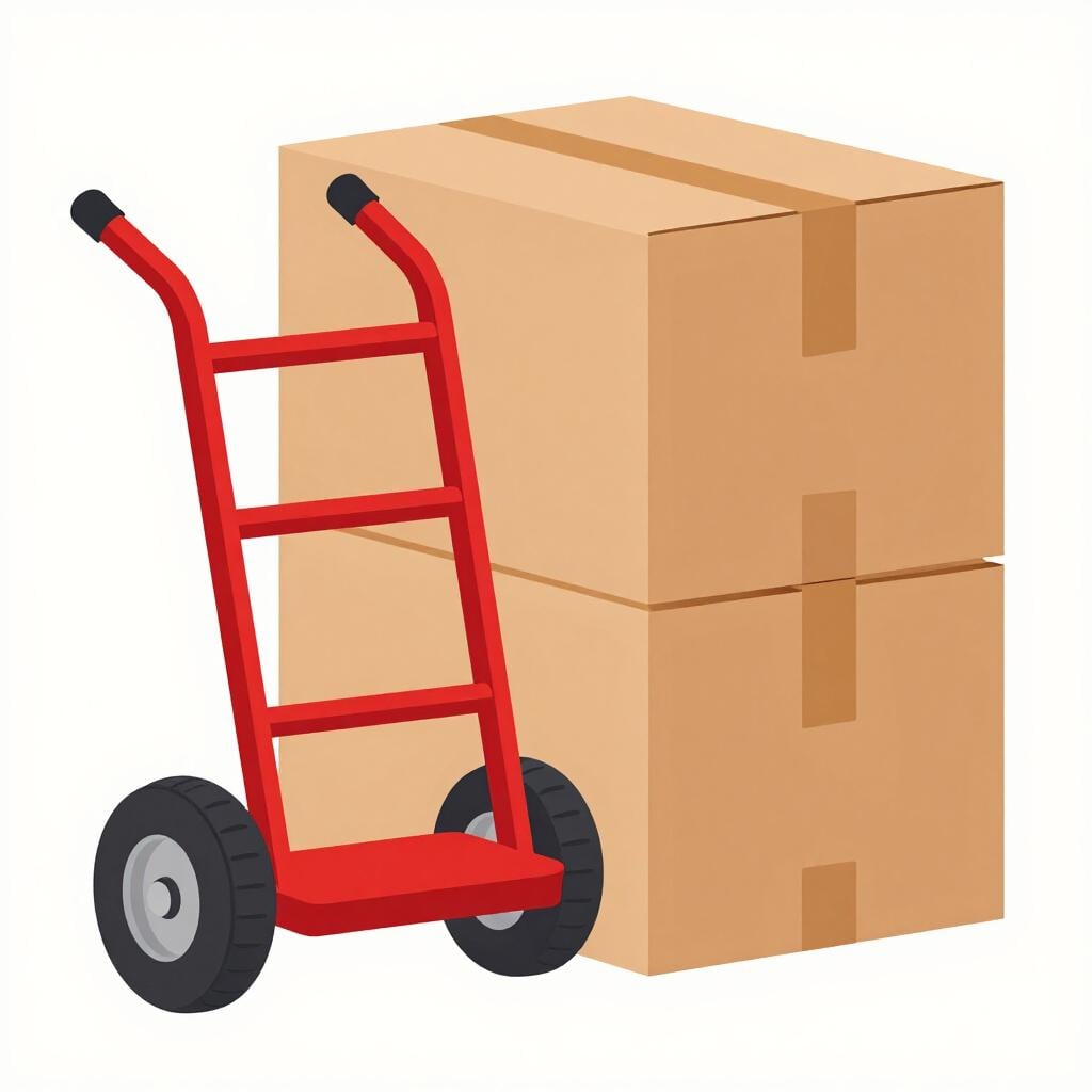 A red hand truck standing upright next to a cardboard box.
