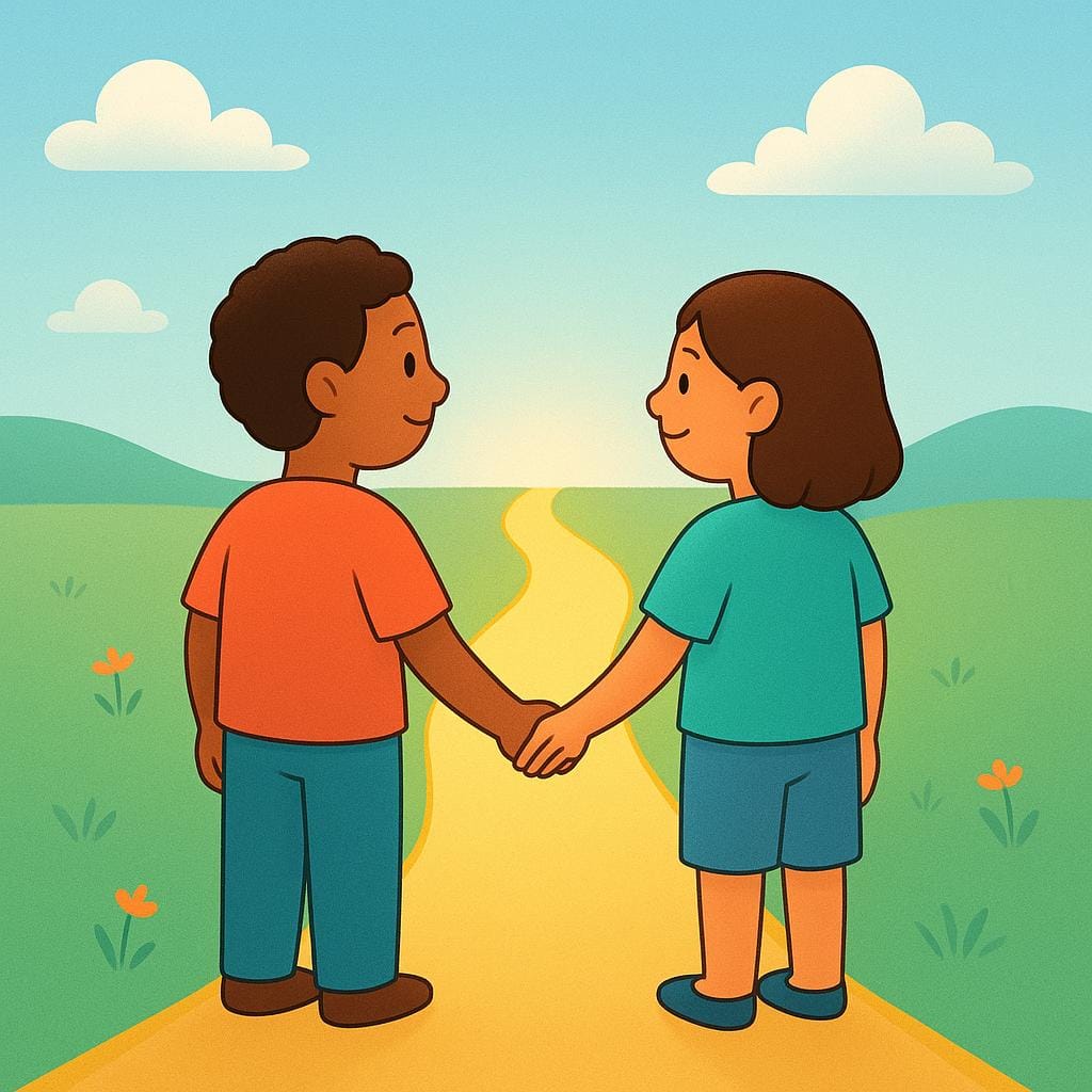 2人の様式化された人物が寄り添い、手を繋ぎ、遠くに見える明るく照らされた黄金の道を見つめている、共有された望ましい未来を象徴する、シンプルな絵本風のイラスト。