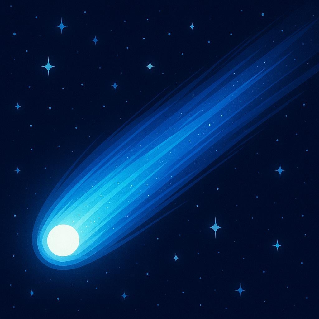 A bright comet with a long, glowing tail streaking across a dark, starry night sky.