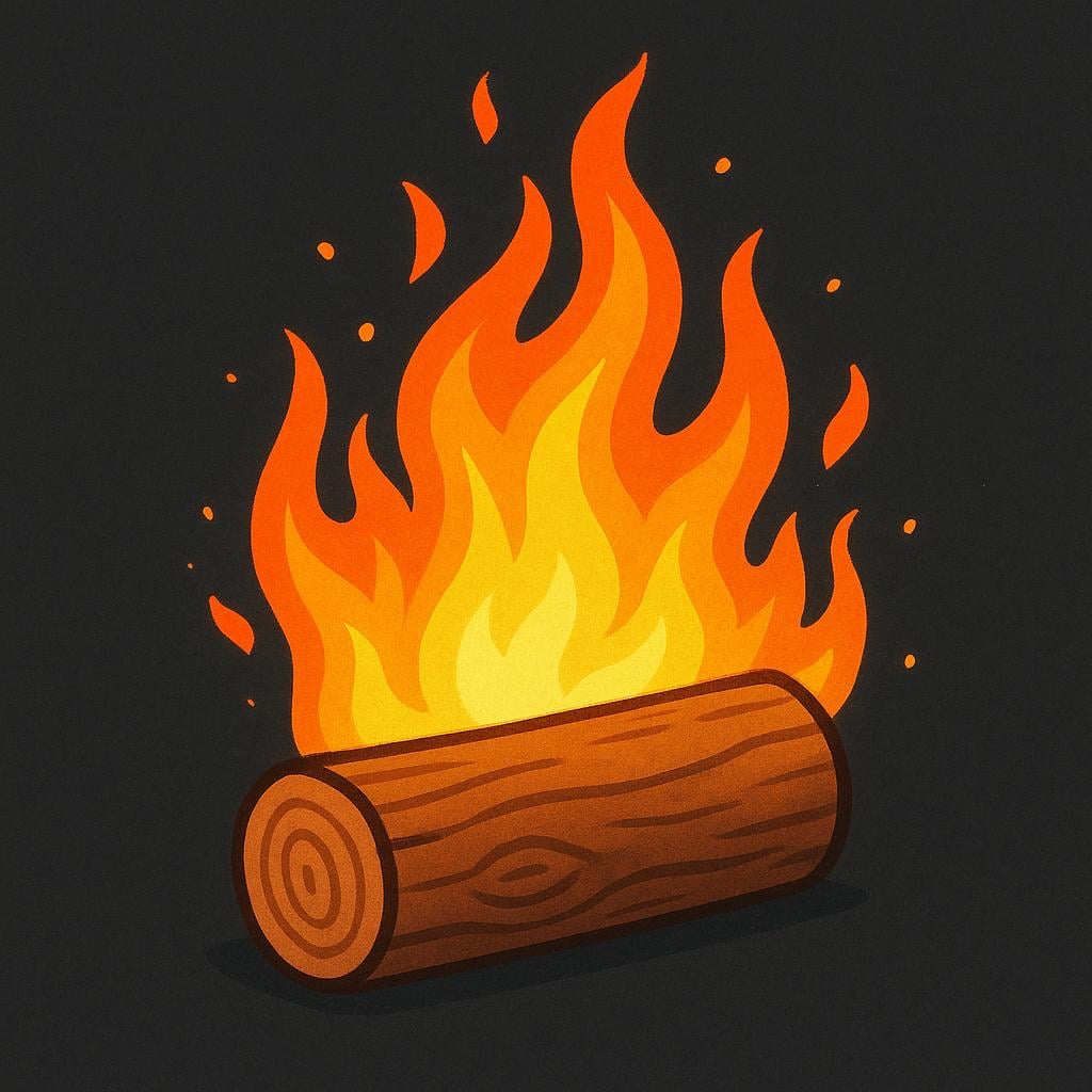 A wooden log resting on the ground, actively engulfed in bright orange and yellow flames, illustrating the action of burning.