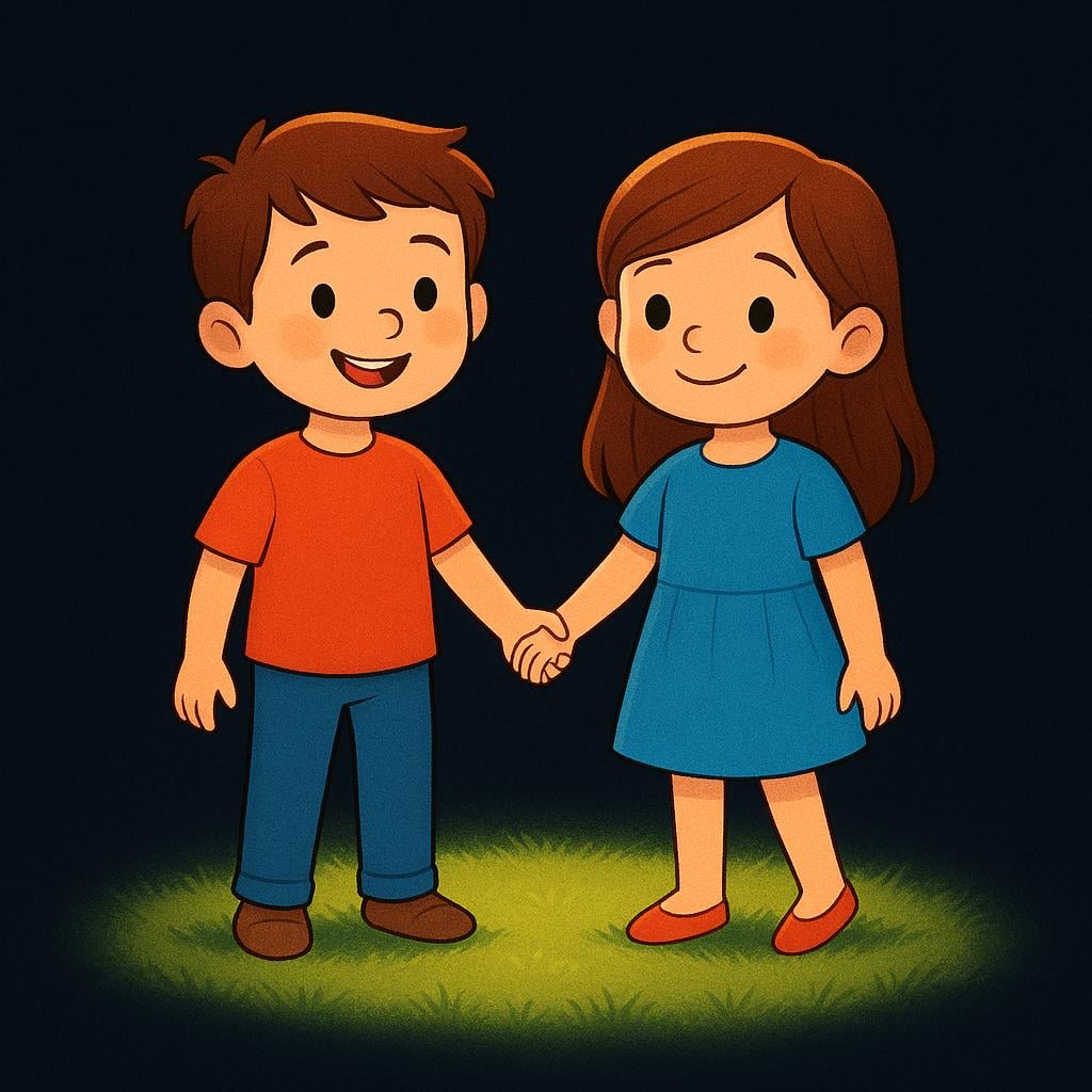 Two smiling children, a boy and a girl, holding hands while standing on a small, brightly lit circular patch of green ground. The surrounding area is dark and empty, focusing attention exclusively on them.