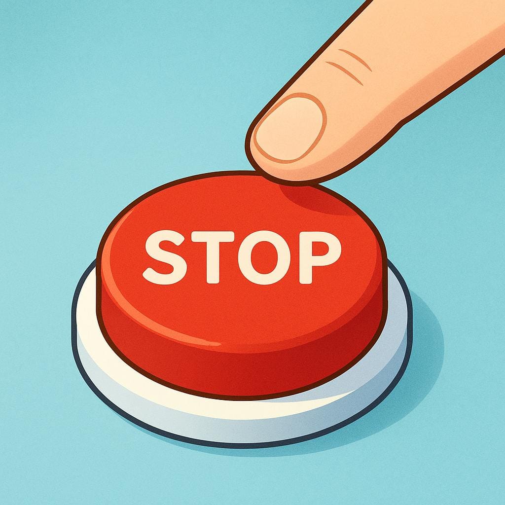 A red hand reaching out to press a large, glowing red button on a simple control panel.