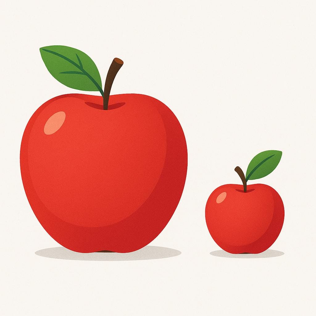 A visual comparison showing a very large red apple sitting next to a tiny red apple.