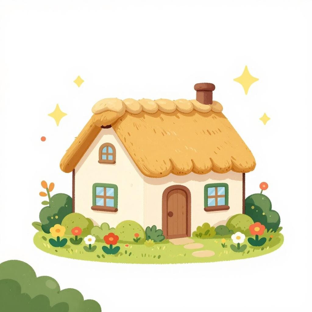 Un cottage accogliente e magico immerso in una lussureggiante foresta verde con finestre luminose.