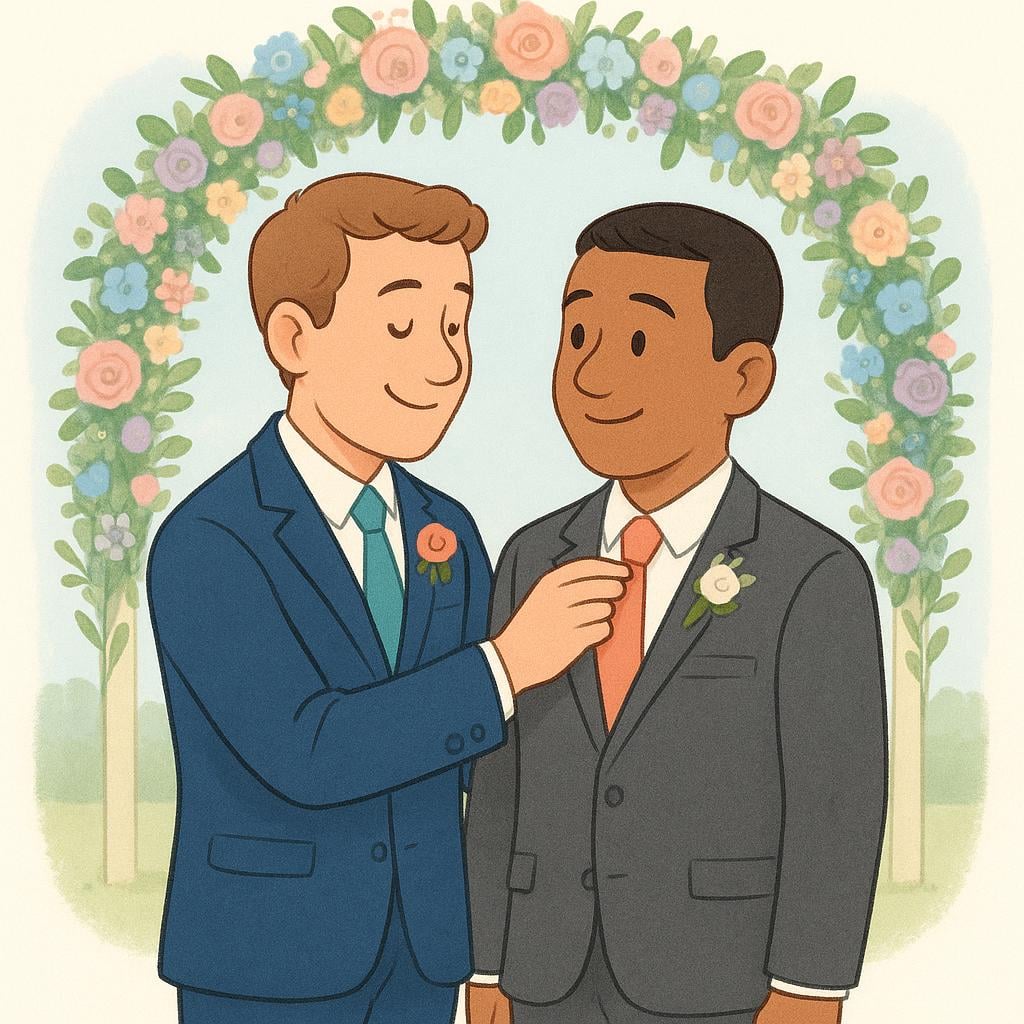 Two men wearing suits standing next to each other at a wedding altar, representing the groom and the best man.