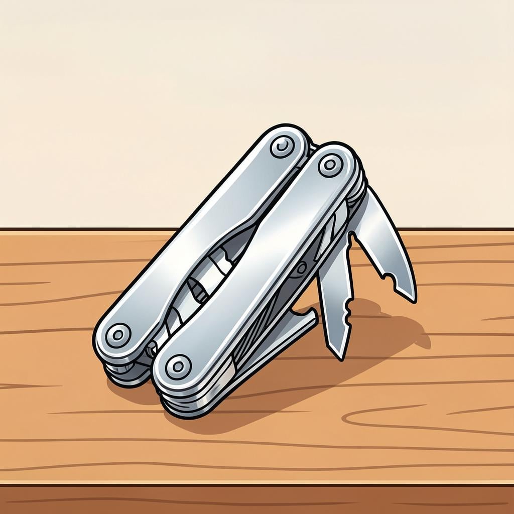 A sturdy multi-tool with various useful attachments like a screwdriver and a small blade, lying on a wooden workbench.