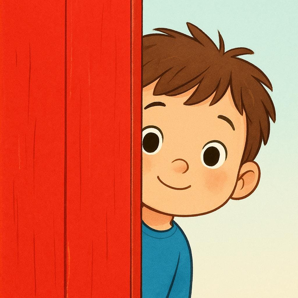A small, wide-eyed child peeking out from behind a large, bright red door, illustrating the concept of 'behind'.