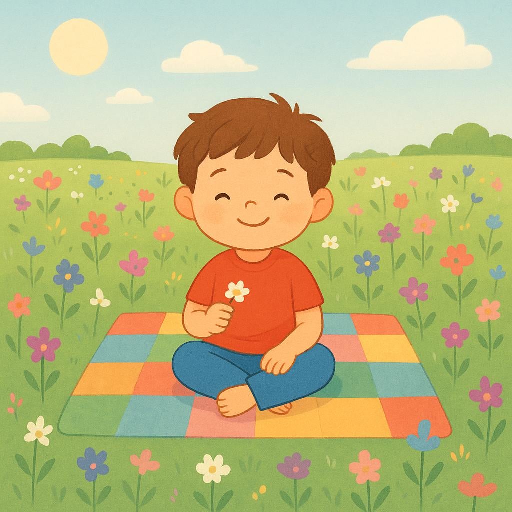 A high-quality storybook illustration showing a small child sitting happily on a brightly colored picnic blanket in a green field, enjoying a perfectly sunny, mild day.