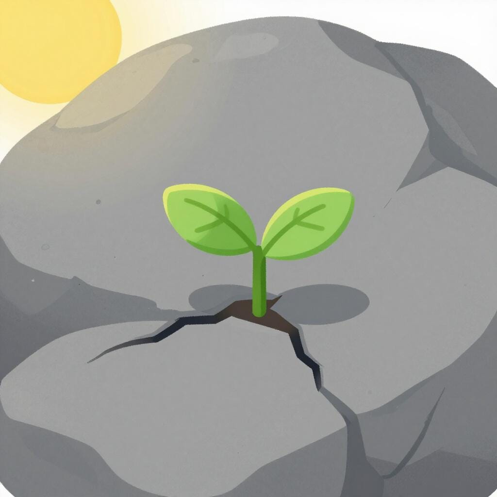 大きな灰色の岩の小さなひび割れから顔を出す小さな植物の新芽。