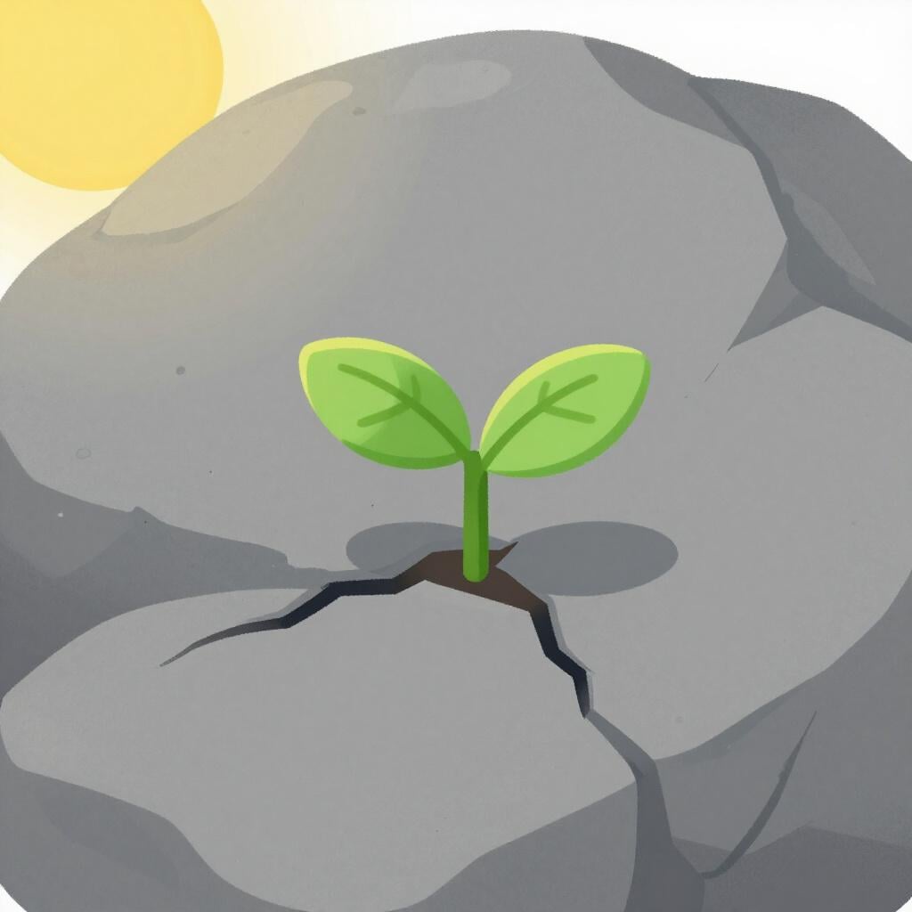 大きな灰色の岩の小さなひび割れから顔を出す小さな植物の新芽。