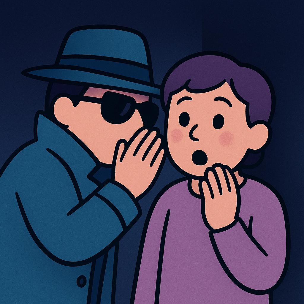 A cartoon character whispering intensely into another character's ear while looking around nervously, symbolizing private or secretive affairs.