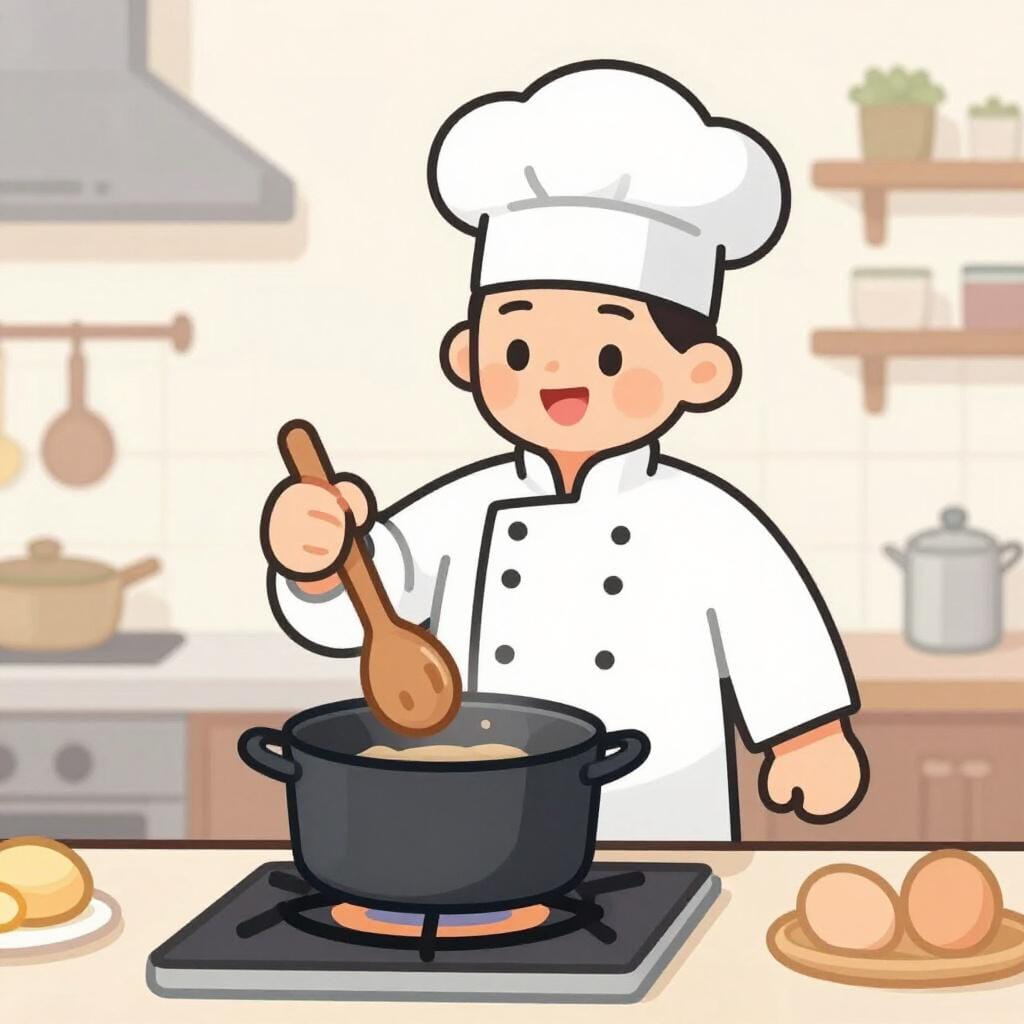 Een chef-kok met een witte muts staand naast een fornuis met een klaarstaande pot met eten.