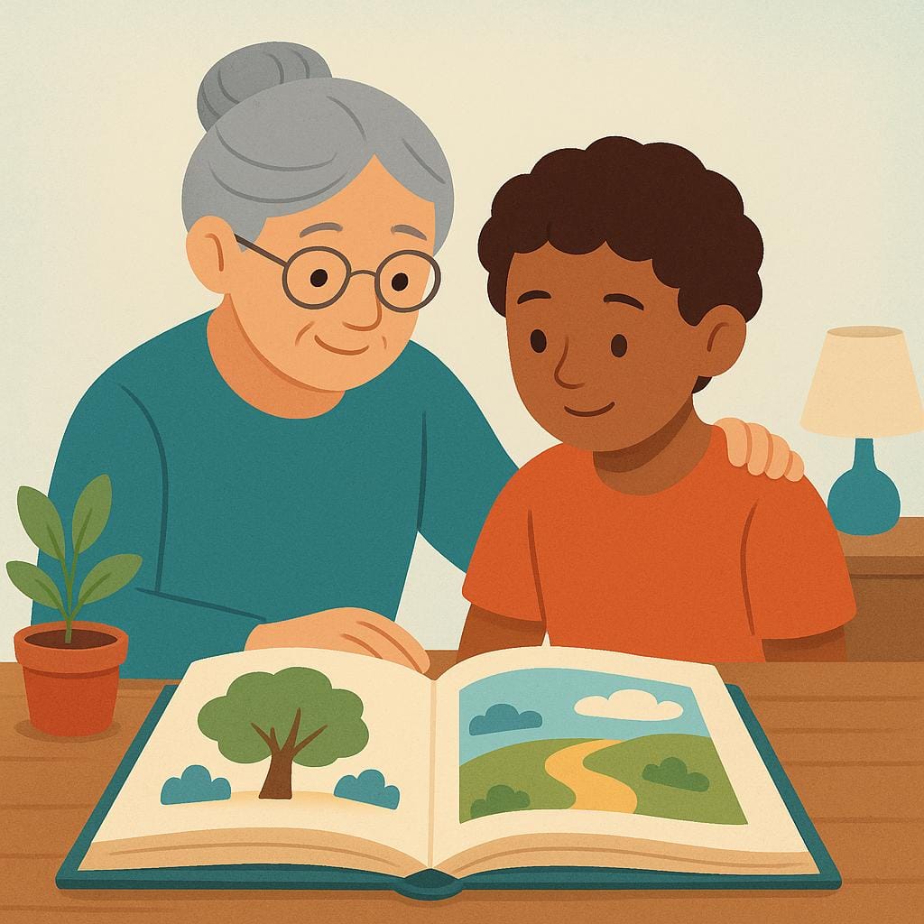 A wise, older mentor figure gently places a hand on the shoulder of a younger person while both look intently at a large, open book on a table.