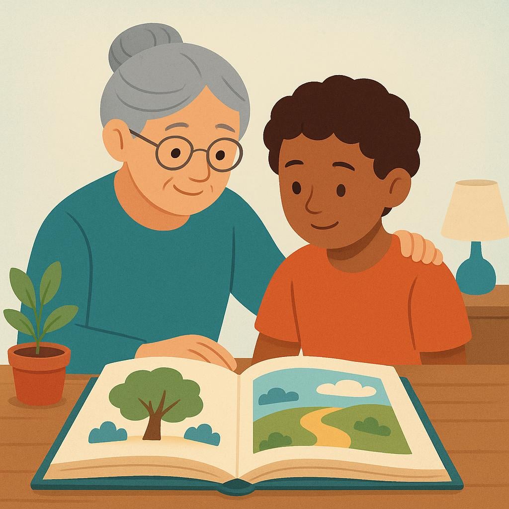 A wise, older mentor figure gently places a hand on the shoulder of a younger person while both look intently at a large, open book on a table.