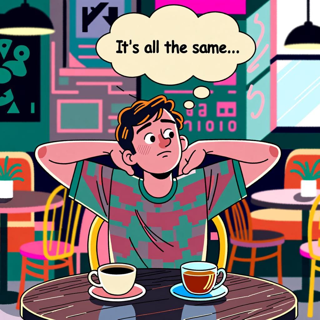 Eine Person in einem Café zuckt mit den Schultern, mit einer Sprechblase, die 'Café oder Tee' zeigt, und ihrer Gedankenblase, die 'lo mismo' zeigt, was bedeutet, dass es ihr gleich ist.