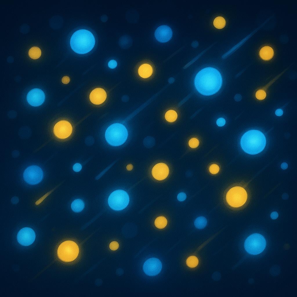 A scientific illustration showing many microscopic, glowing blue and yellow spherical particles floating and moving rapidly in a dark void.