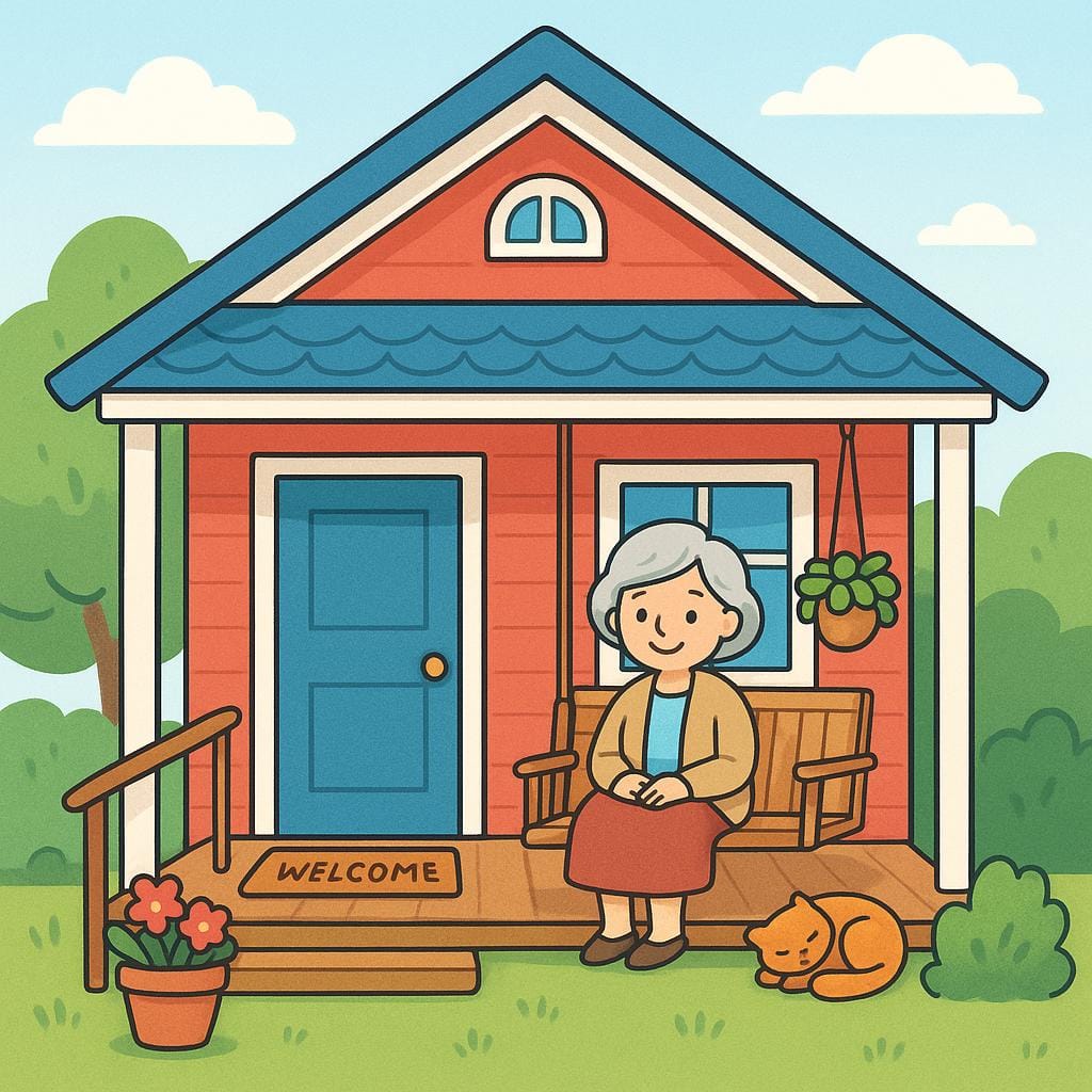 A colorful, inviting house designed for the elderly, featuring a ramp and a smiling older woman sitting comfortably on the front porch.