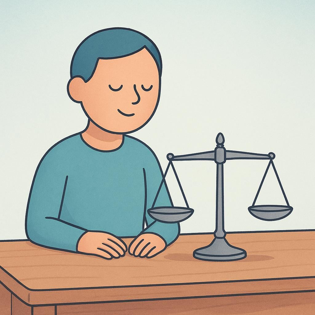 A thoughtful person sitting at a simple desk, looking at a set of small, balanced scales where one side is visibly weighted down, symbolizing forming a belief or considered opinion.