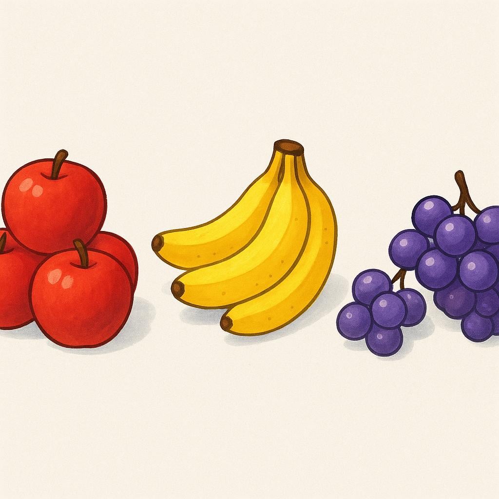 A collection of different types of brightly colored fruit, such as red apples, yellow bananas, and purple grapes, separated into distinct groups.