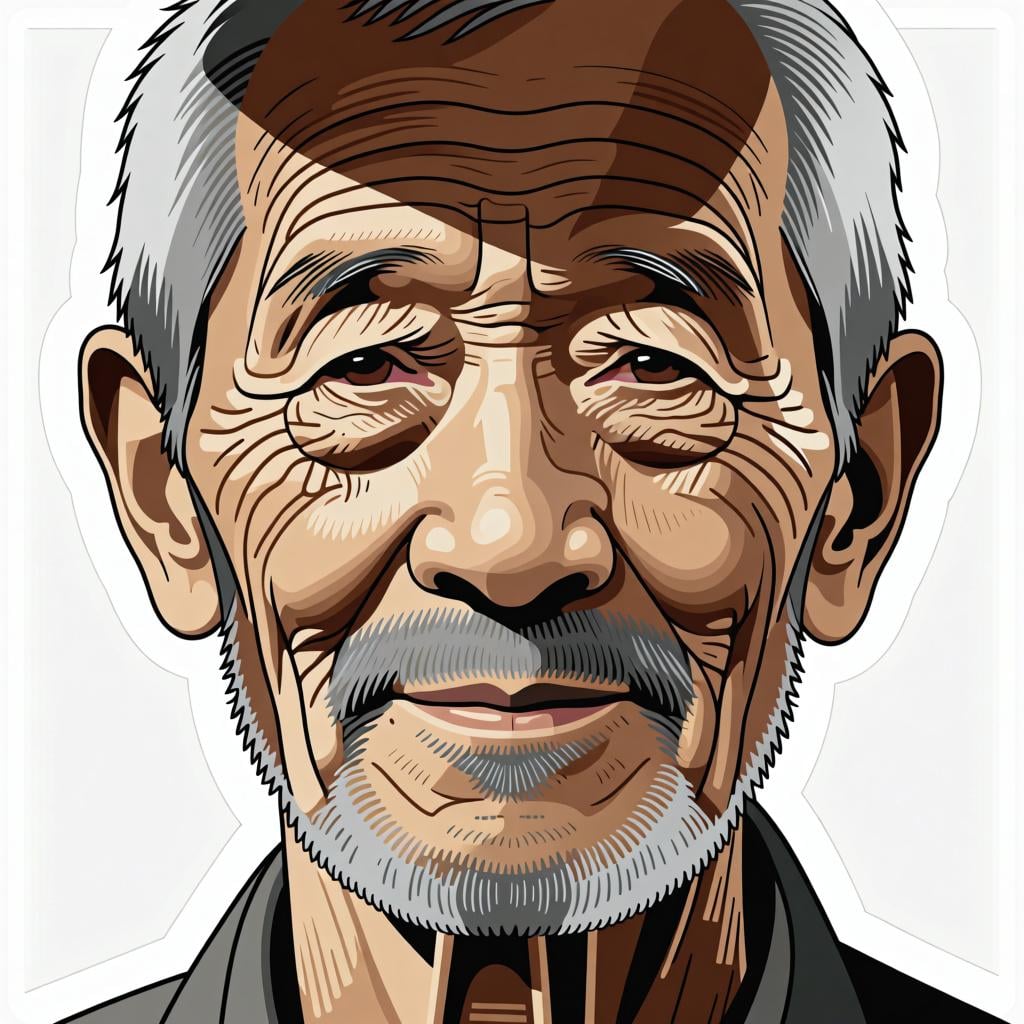 A close-up portrait of an elderly man with gentle eyes, a salt-and-pepper beard, and deeply wrinkled skin, conveying warmth and age.