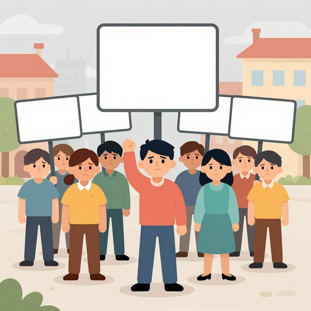 Um grupo de pessoas diversas em pé juntas numa praça pública, com ar infeliz e segurando cartazes em branco.