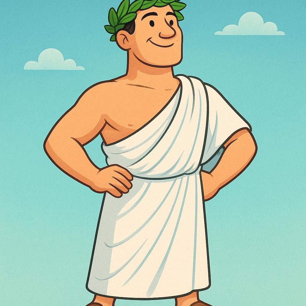 A simple drawing of a male figure wearing a white toga and a green laurel wreath on his head, signifying a Roman citizen.