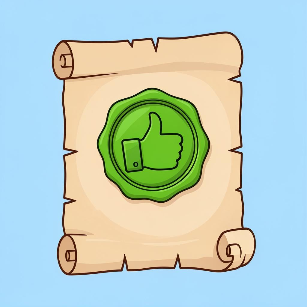 A green wax seal on a document showing a thumb up icon.