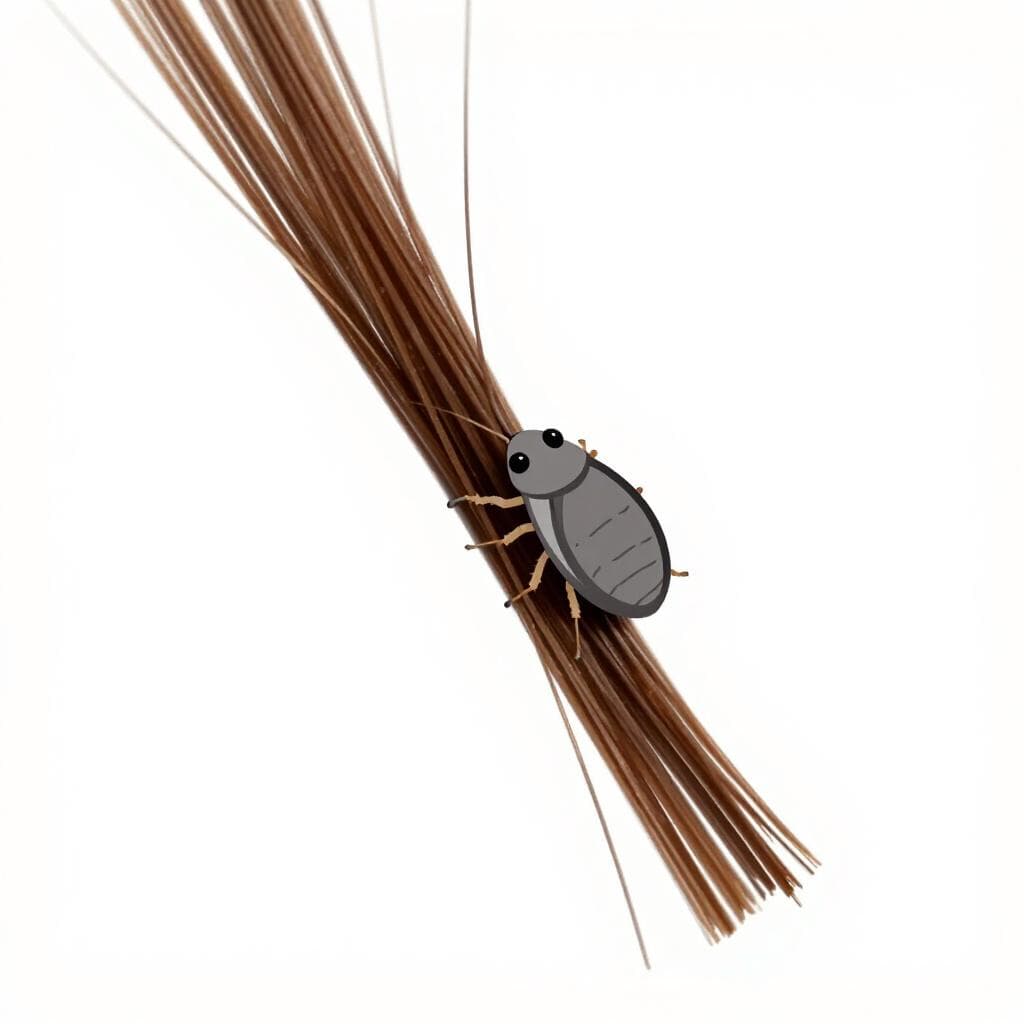 Eine Nahaufnahme-Illustration eines winzigen grauen Insekts mit sechs Beinen auf einer einzelnen Haarsträhne.